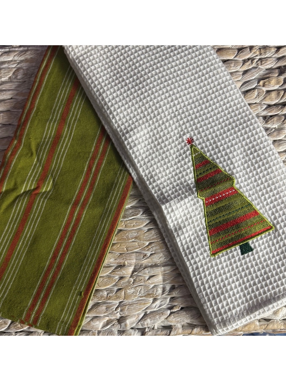 Set of 2 Kitchen Towels One White Waffle Weave with Embroidered Christmas Tree